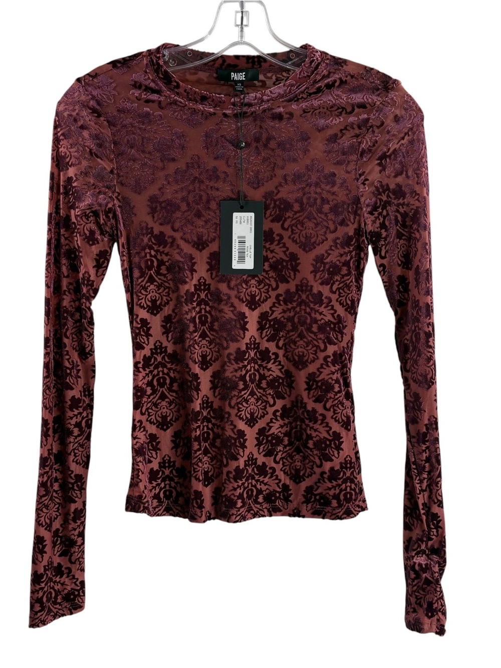PAIGE Women's Long Sleeve Burnout Velvet Burnout Top in Burgundy NWT $219